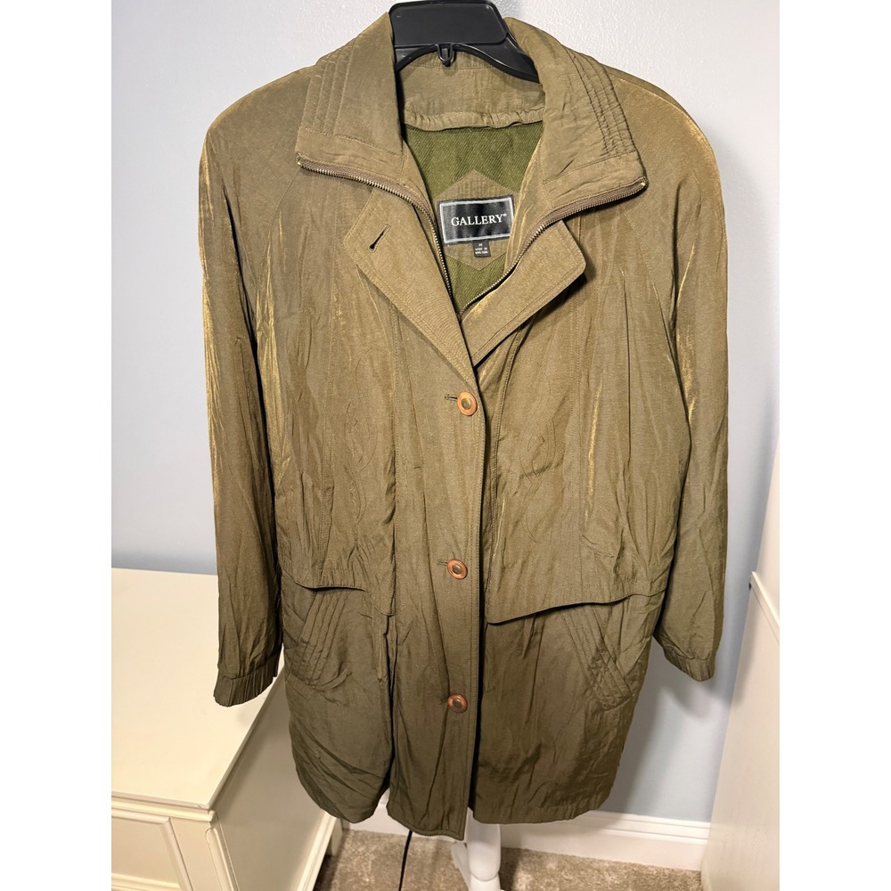 Gallery Vintage Olive Green Iridescent Trench Coat Jacket Womens Medium Zip Up - Picture 4 of 11
